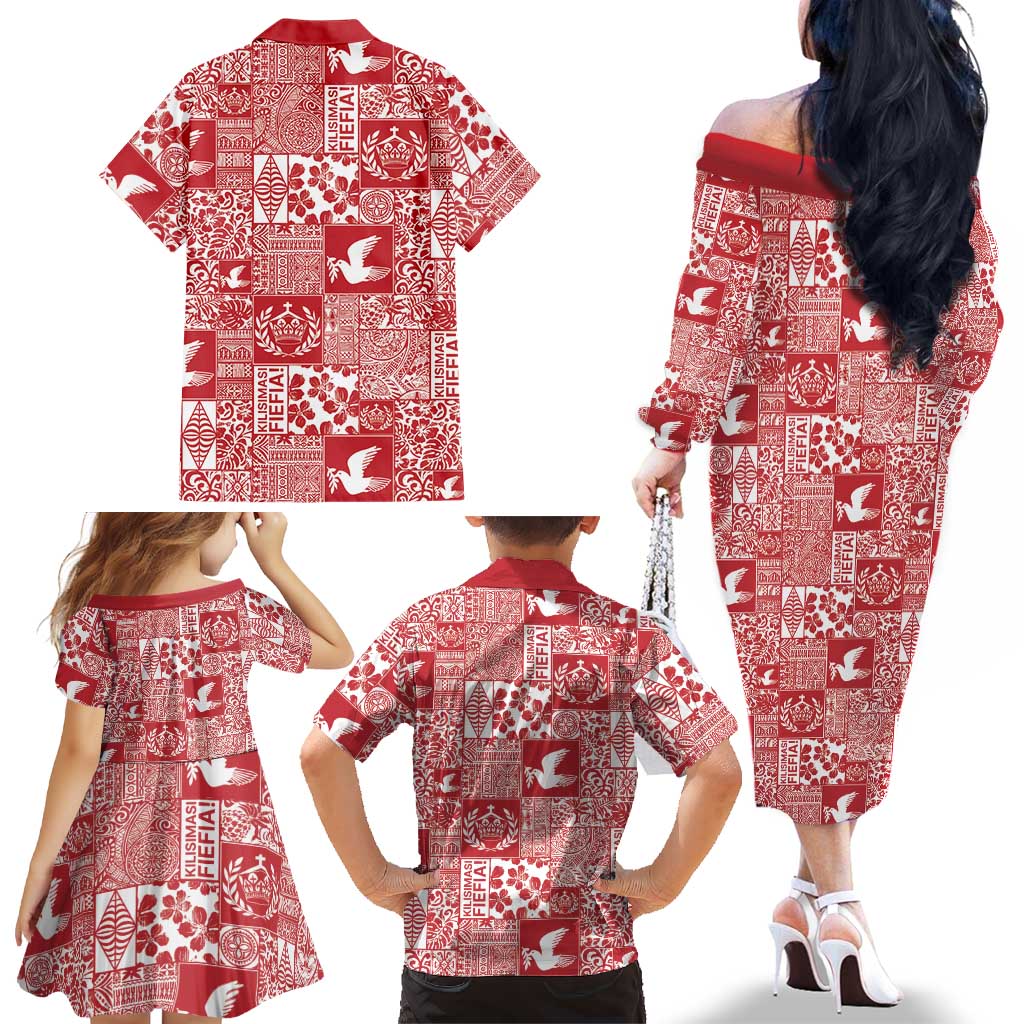 Red Tonga Kilisimasi Fiefia Family Matching Off The Shoulder Long Sleeve Dress and Hawaiian Shirt Pacific Patchwork Xmas Vibes LT9 - Polynesian Pride