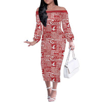 Red Tonga Kilisimasi Fiefia Family Matching Off The Shoulder Long Sleeve Dress and Hawaiian Shirt Pacific Patchwork Xmas Vibes LT9 Mom's Dress Red - Polynesian Pride