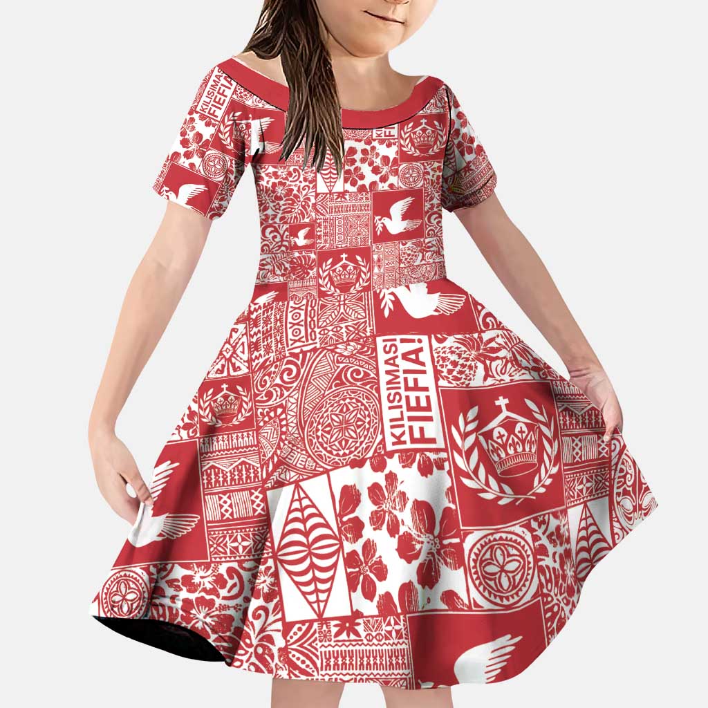Red Tonga Kilisimasi Fiefia Family Matching Off Shoulder Maxi Dress and Hawaiian Shirt Pacific Patchwork Xmas Vibes LT9 Daughter's Dress Red - Polynesian Pride