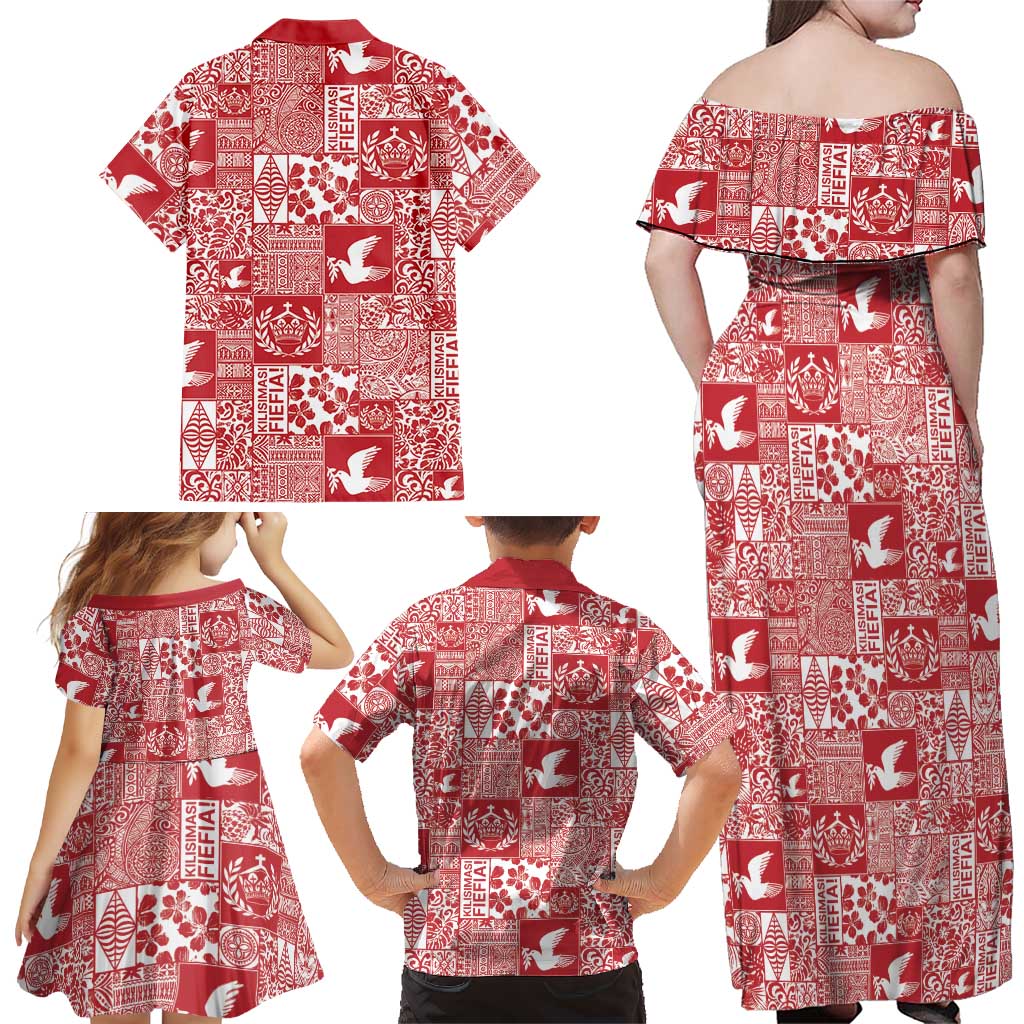 Red Tonga Kilisimasi Fiefia Family Matching Off Shoulder Maxi Dress and Hawaiian Shirt Pacific Patchwork Xmas Vibes LT9 - Polynesian Pride