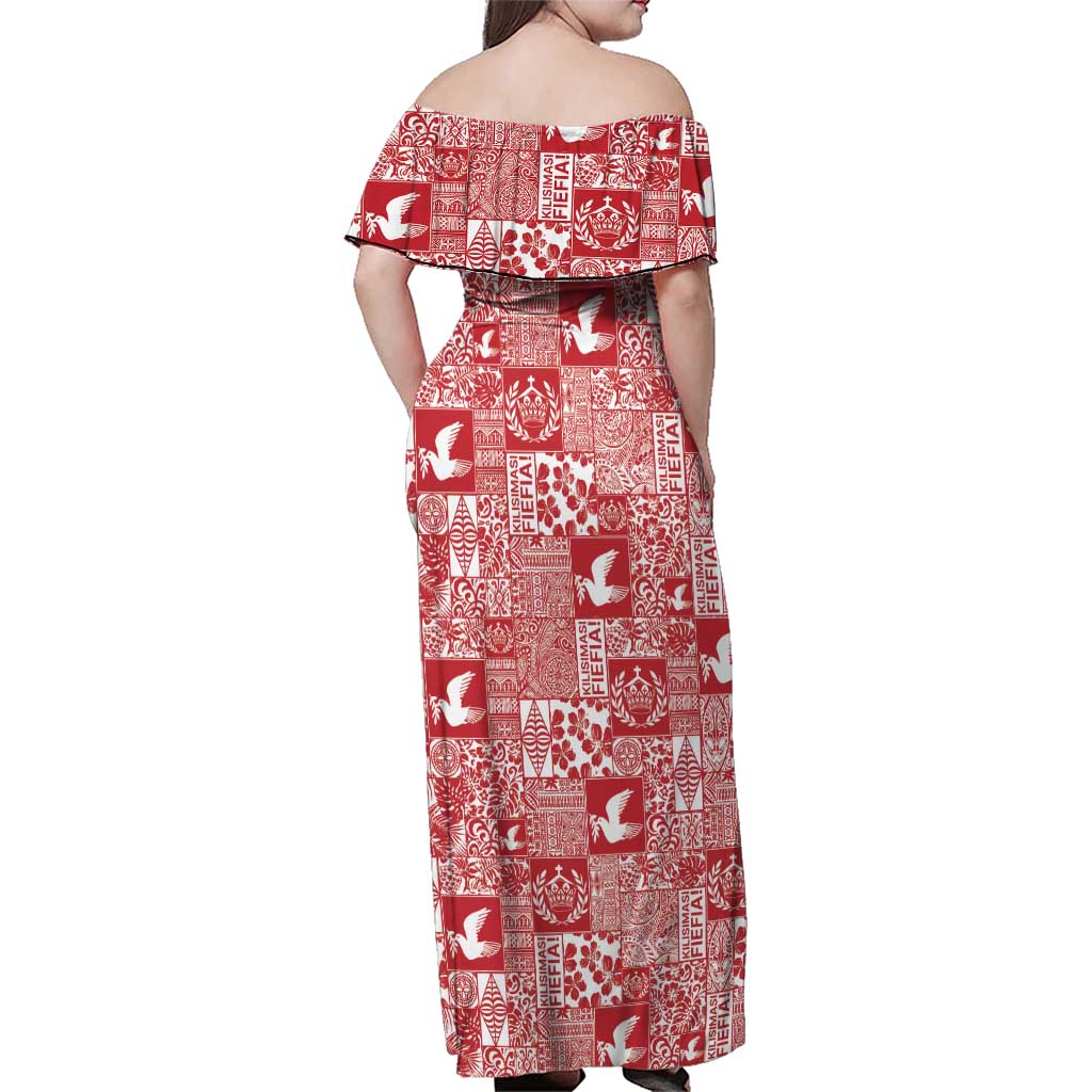 Red Tonga Kilisimasi Fiefia Family Matching Off Shoulder Maxi Dress and Hawaiian Shirt Pacific Patchwork Xmas Vibes LT9 - Polynesian Pride