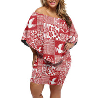 Red Tonga Kilisimasi Fiefia Family Matching Off Shoulder Short Dress and Hawaiian Shirt Pacific Patchwork Xmas Vibes LT9 Mom's Dress Red - Polynesian Pride