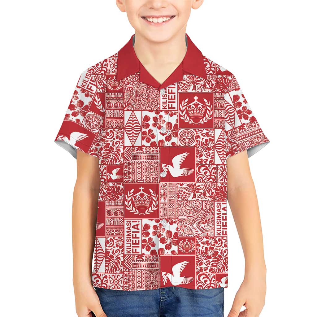 Red Tonga Kilisimasi Fiefia Family Matching Off Shoulder Short Dress and Hawaiian Shirt Pacific Patchwork Xmas Vibes LT9 Son's Shirt Red - Polynesian Pride