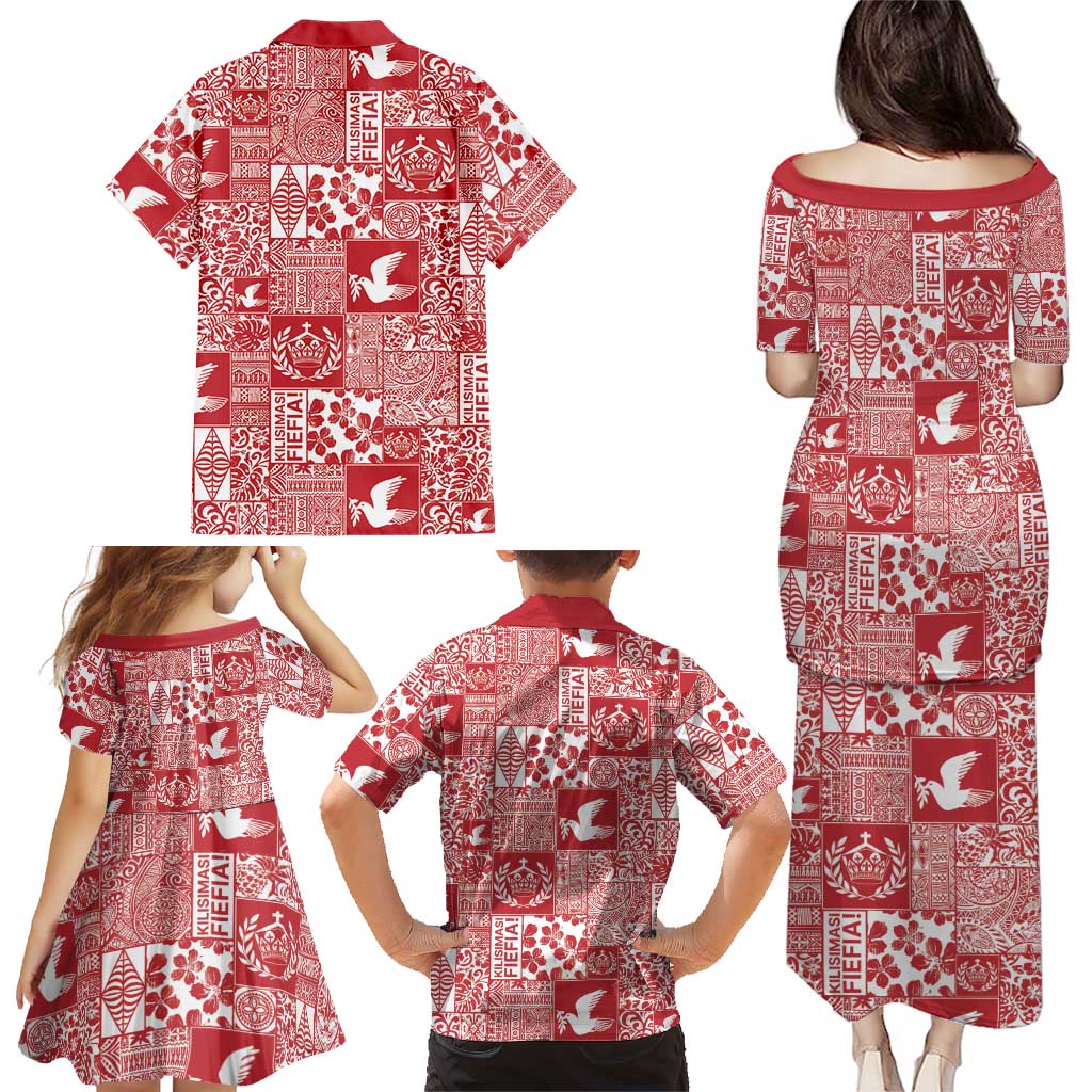 Red Tonga Kilisimasi Fiefia Family Matching Puletasi and Hawaiian Shirt Pacific Patchwork Xmas Vibes - Polynesian Pride