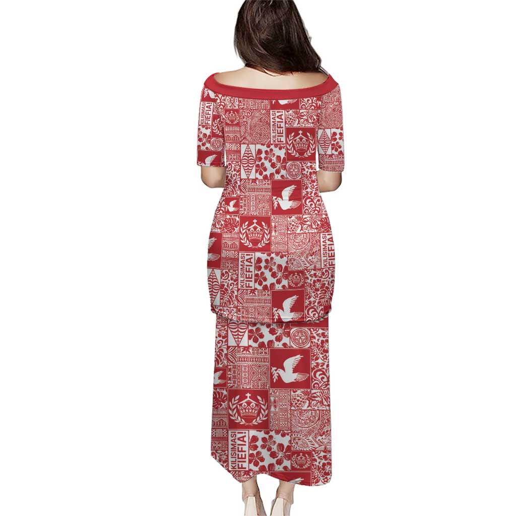 Red Tonga Kilisimasi Fiefia Family Matching Puletasi and Hawaiian Shirt Pacific Patchwork Xmas Vibes - Polynesian Pride