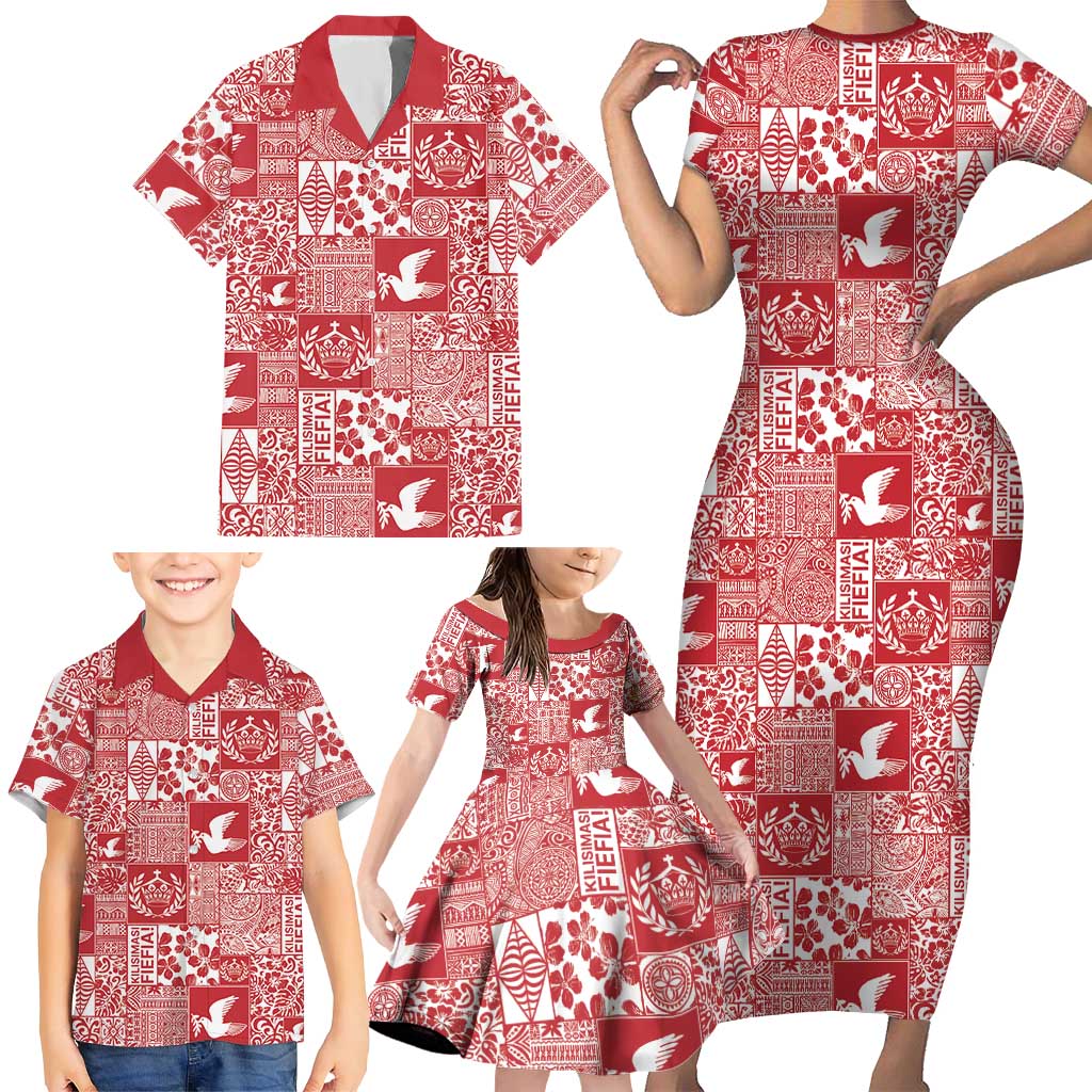 Red Tonga Kilisimasi Fiefia Family Matching Short Sleeve Bodycon Dress and Hawaiian Shirt Pacific Patchwork Xmas Vibes - Polynesian Pride