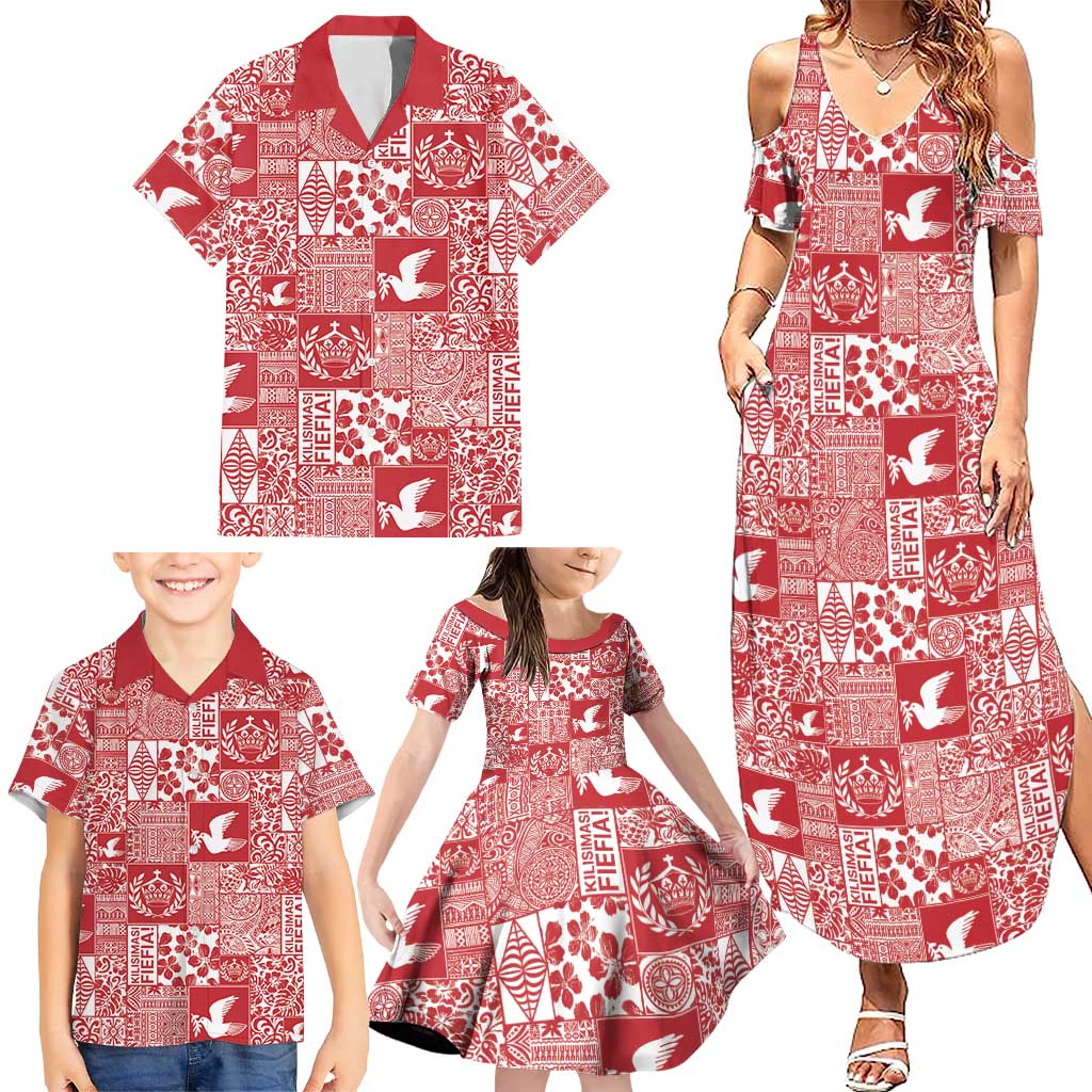 Red Tonga Kilisimasi Fiefia Family Matching Summer Maxi Dress and Hawaiian Shirt Pacific Patchwork Xmas Vibes - Polynesian Pride