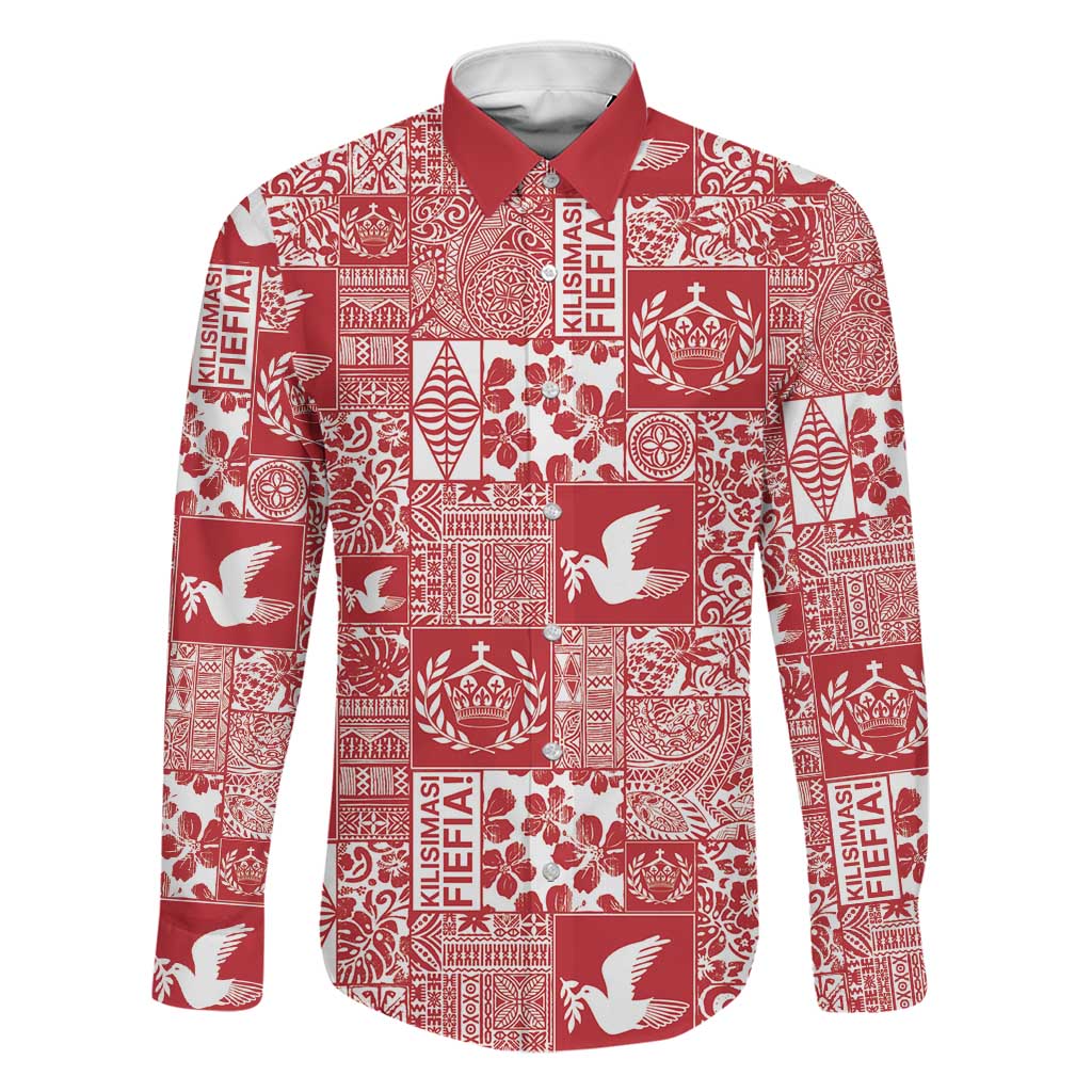 Red Tonga Kilisimasi Fiefia Family Matching Summer Maxi Dress and Hawaiian Shirt Pacific Patchwork Xmas Vibes LT9 Dad's Shirt - Long Sleeve Red - Polynesian Pride