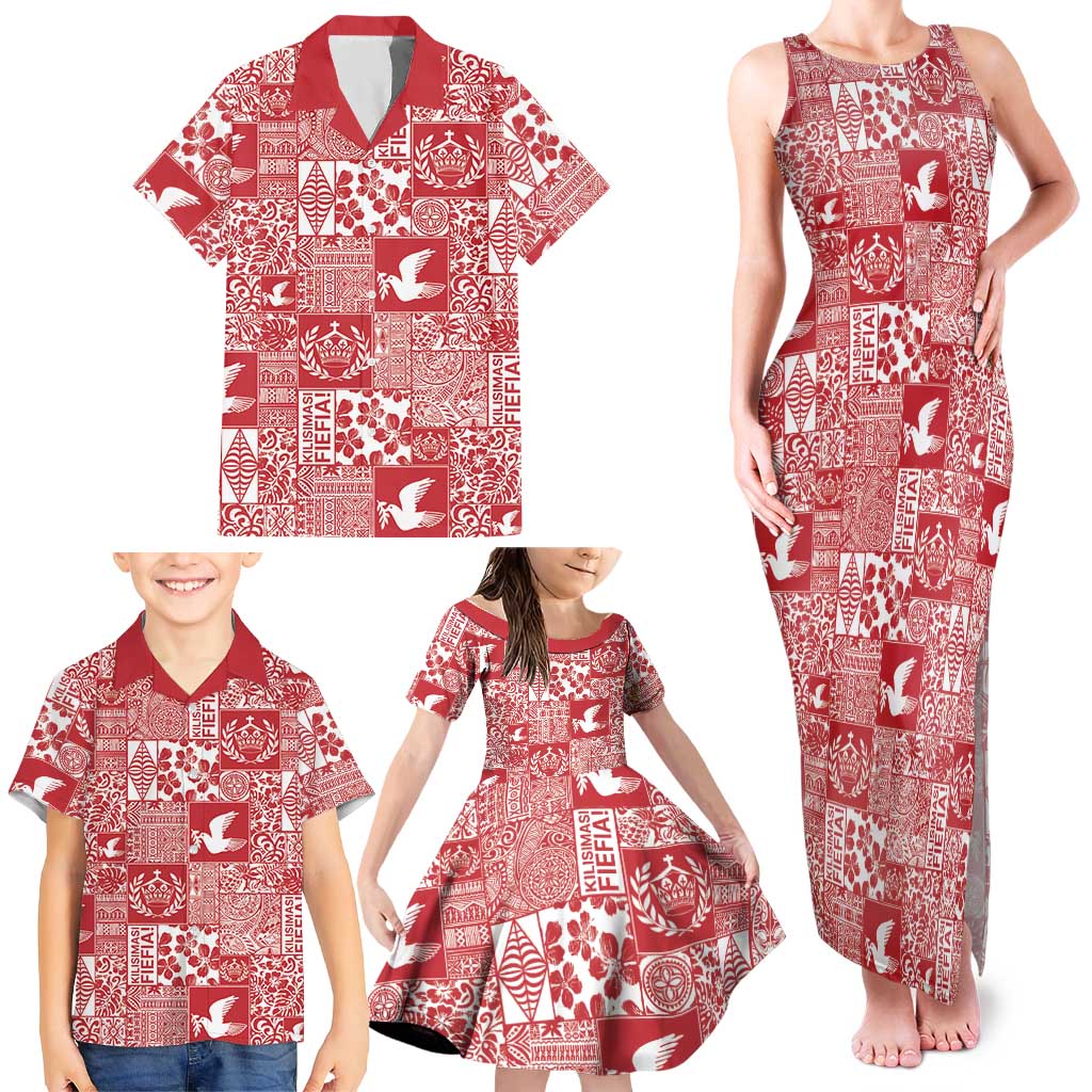 Red Tonga Kilisimasi Fiefia Family Matching Tank Maxi Dress and Hawaiian Shirt Pacific Patchwork Xmas Vibes - Polynesian Pride