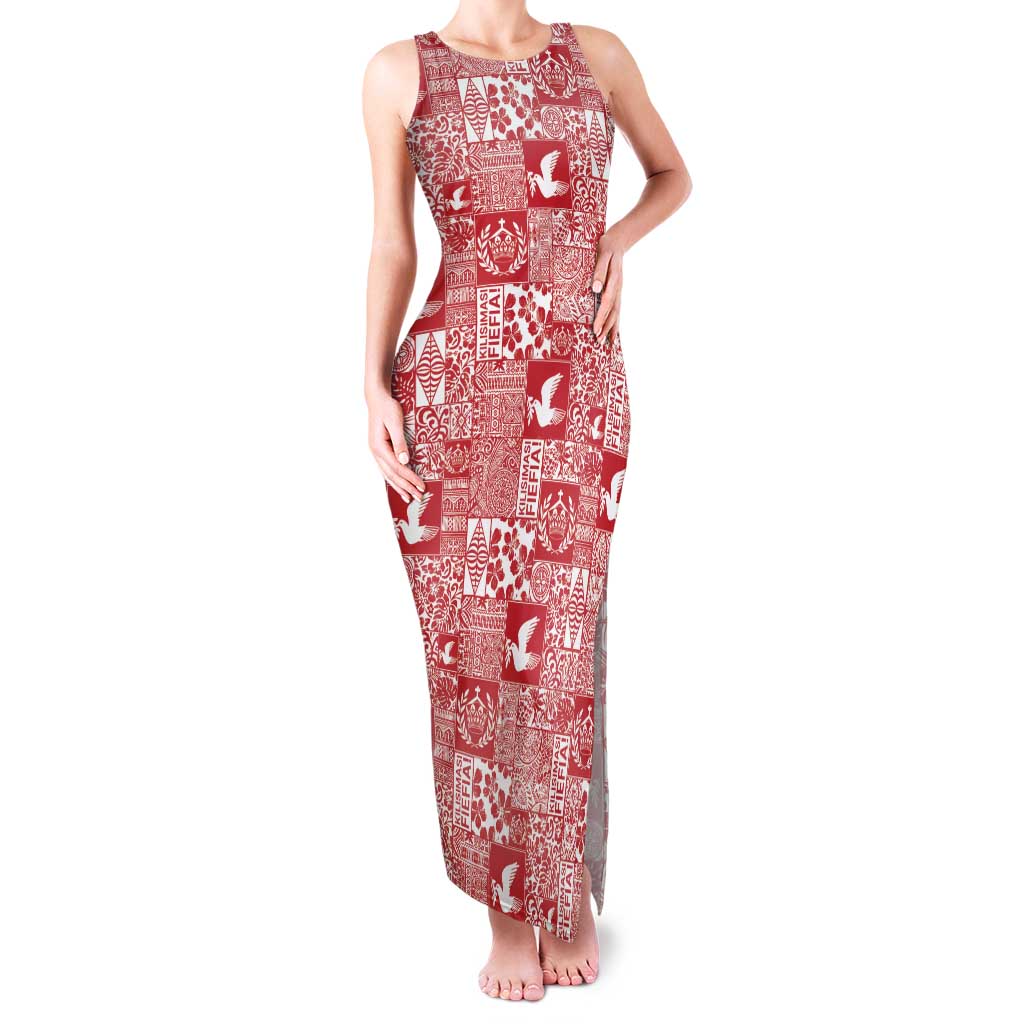 Red Tonga Kilisimasi Fiefia Family Matching Tank Maxi Dress and Hawaiian Shirt Pacific Patchwork Xmas Vibes LT9 Mom's Dress Red - Polynesian Pride