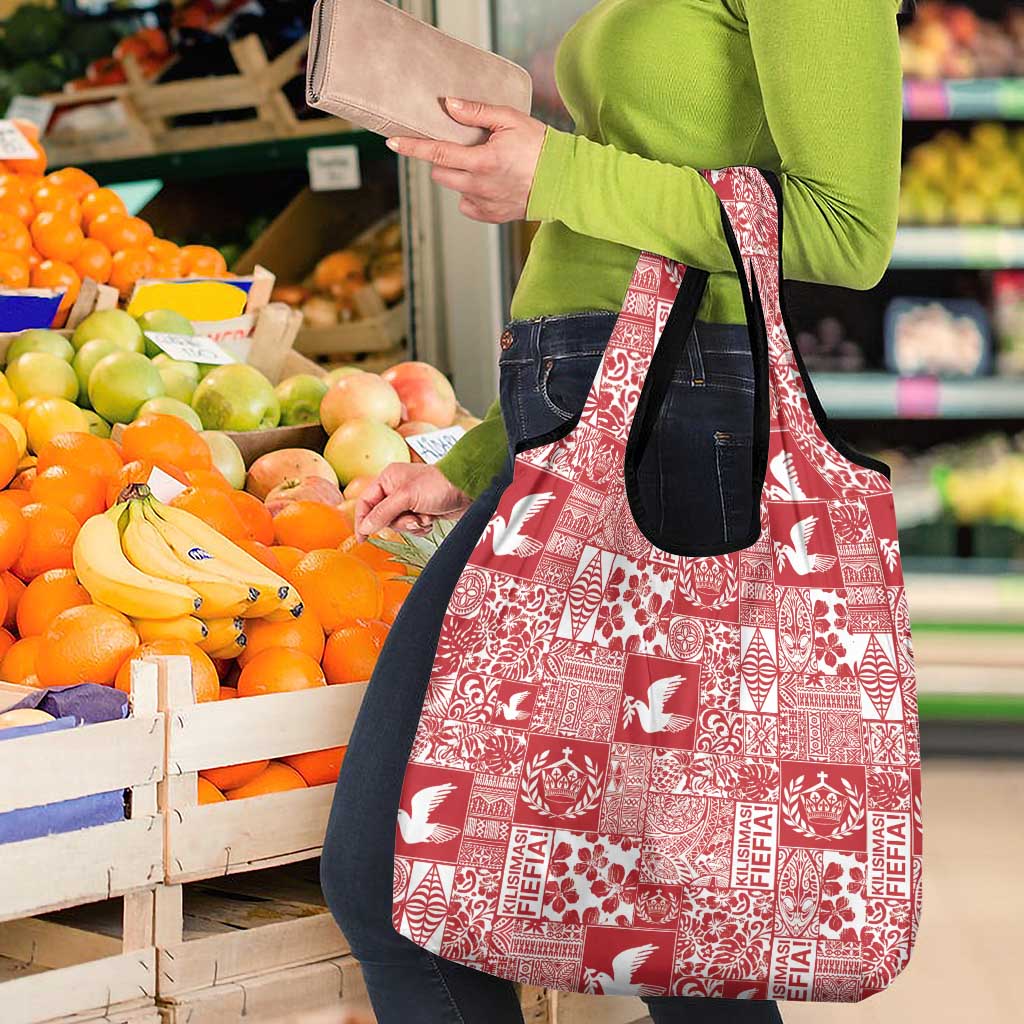 Red Tonga Kilisimasi Fiefia Grocery Bag Pacific Patchwork Xmas Vibes - Polynesian Pride