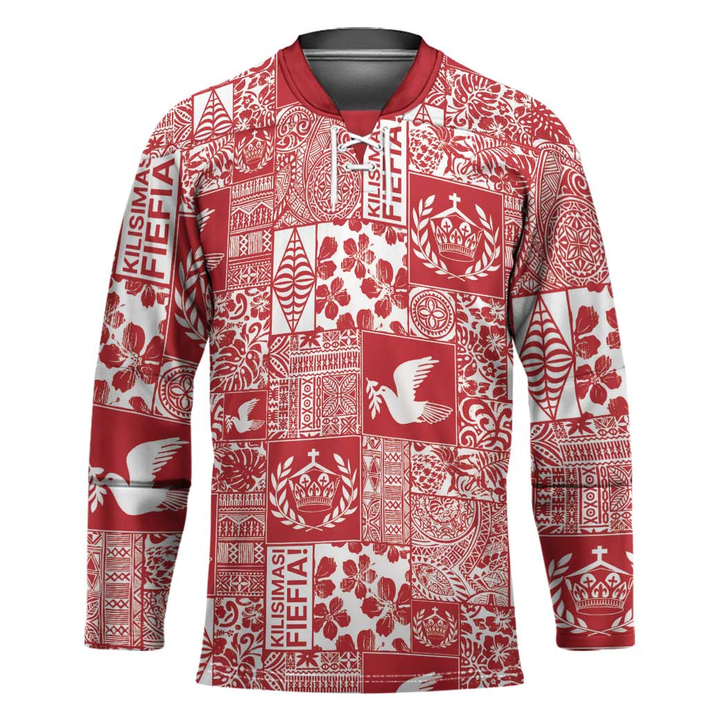 Red Tonga Kilisimasi Fiefia Hockey Jersey Pacific Patchwork Xmas Vibes LT9 Unisex Red - Polynesian Pride