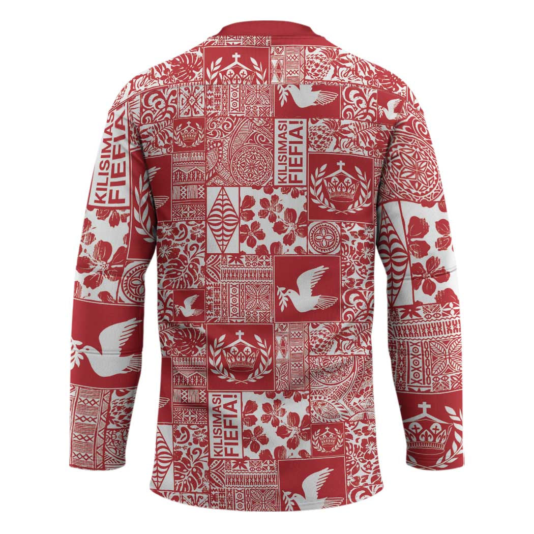 Red Tonga Kilisimasi Fiefia Hockey Jersey Pacific Patchwork Xmas Vibes LT9 - Polynesian Pride