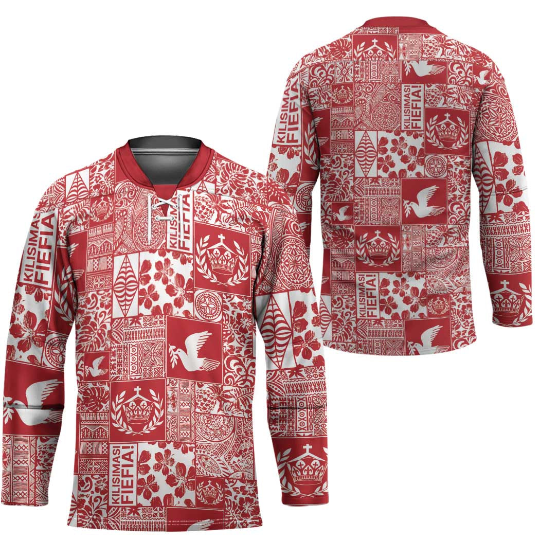 Red Tonga Kilisimasi Fiefia Hockey Jersey Pacific Patchwork Xmas Vibes LT9 - Polynesian Pride