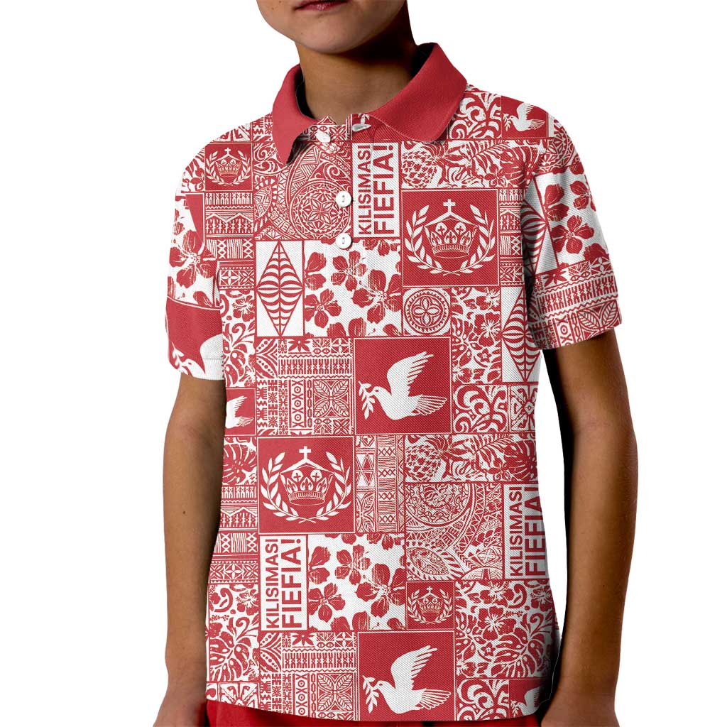 Red Tonga Kilisimasi Fiefia Kid Polo Shirt Pacific Patchwork Xmas Vibes LT9 Kid Red - Polynesian Pride