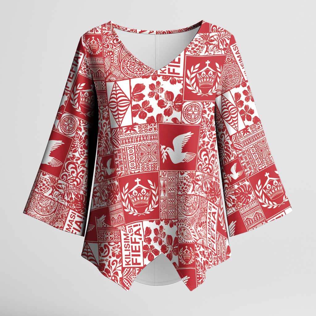 Red Tonga Kilisimasi Fiefia Kimono Sleeve Blouse Pacific Patchwork Xmas Vibes LT9 Female Red - Polynesian Pride