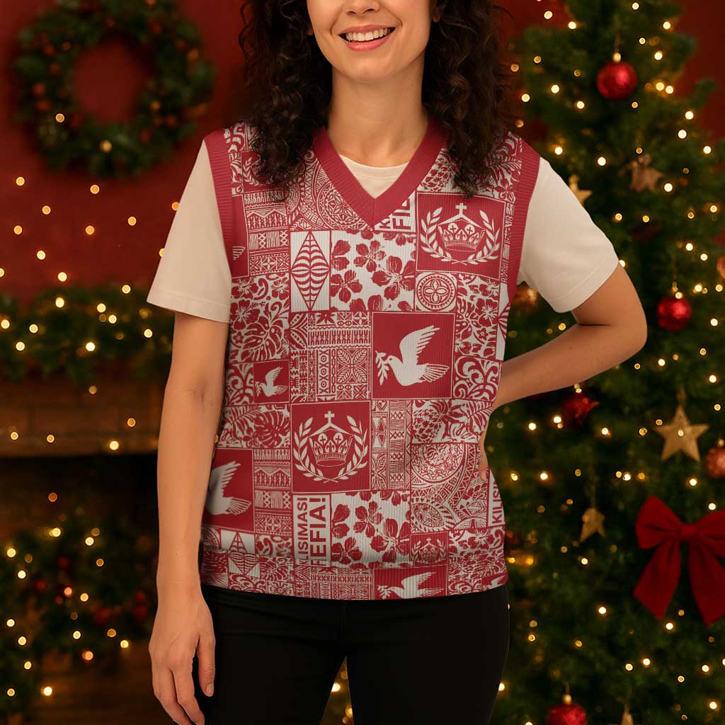 Red Tonga Kilisimasi Fiefia Christmas Knitted V-Neck Vest Pacific Patchwork Xmas Vibes - Polynesian Pride