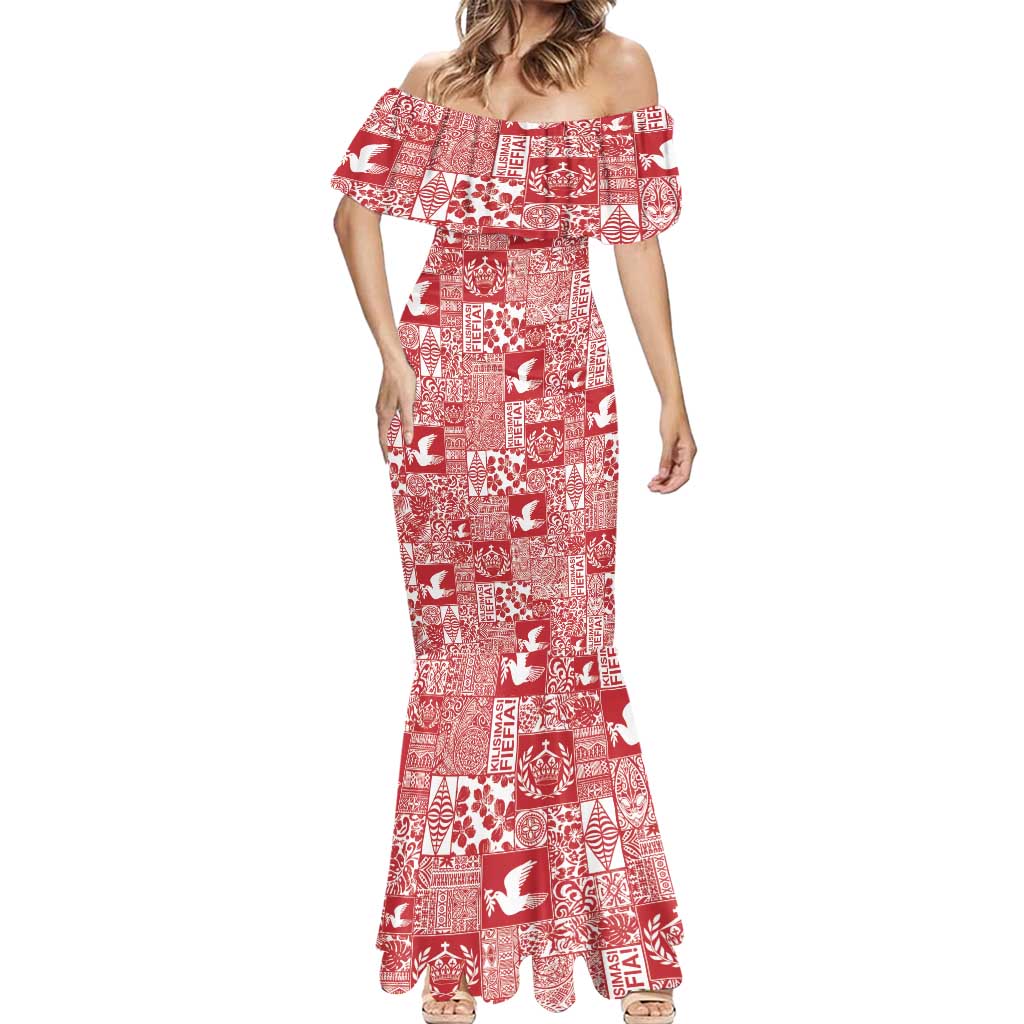 Red Tonga Kilisimasi Fiefia Mermaid Dress Pacific Patchwork Xmas Vibes - Polynesian Pride