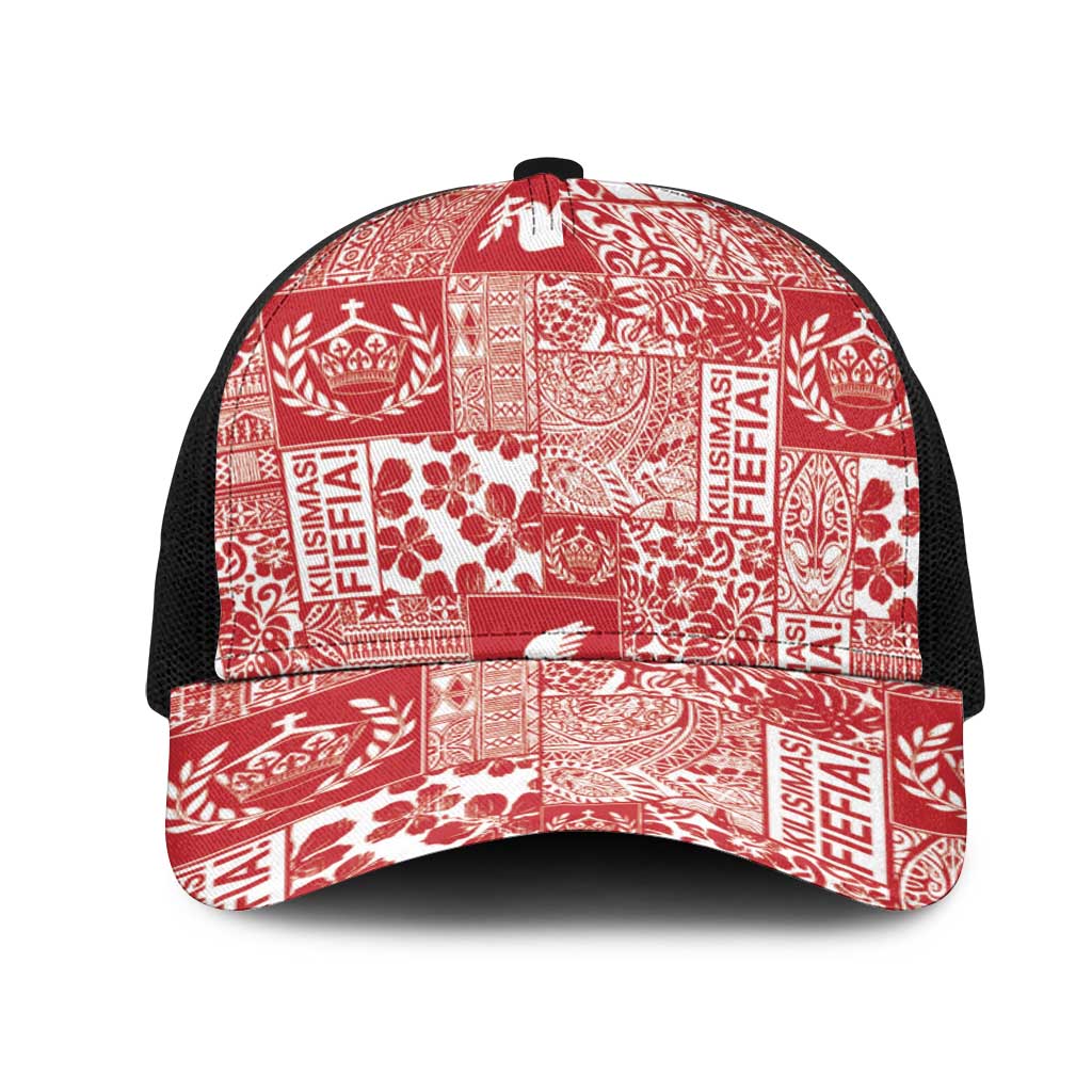 Red Tonga Kilisimasi Fiefia Mesh Trucker Cap Pacific Patchwork Xmas Vibes - Polynesian Pride