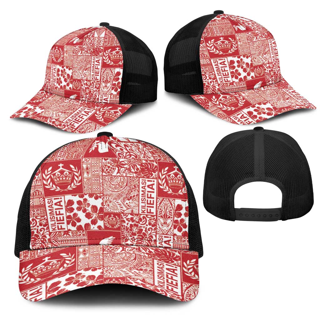 Red Tonga Kilisimasi Fiefia Mesh Trucker Cap Pacific Patchwork Xmas Vibes - Polynesian Pride