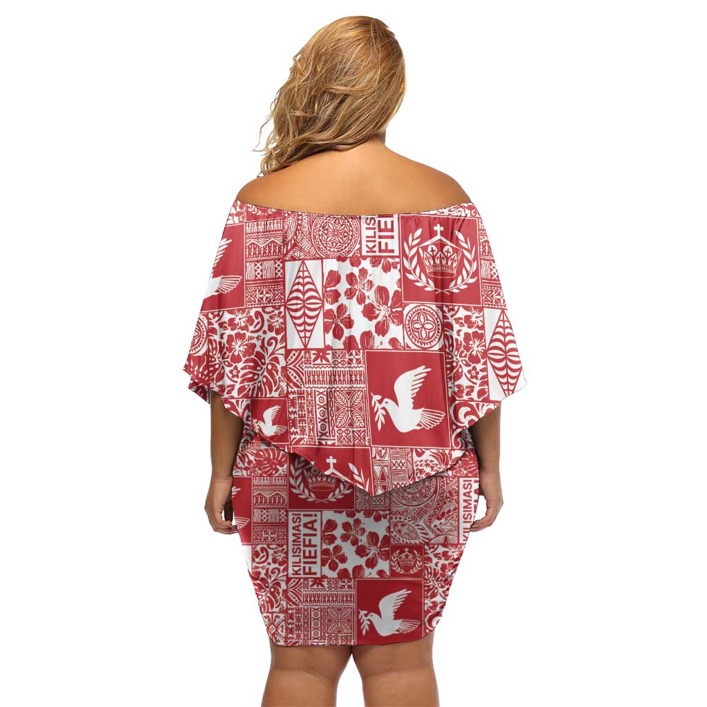 Red Tonga Kilisimasi Fiefia Off Shoulder Short Dress Pacific Patchwork Xmas Vibes - Polynesian Pride