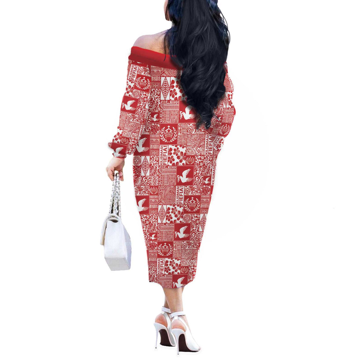 Red Tonga Kilisimasi Fiefia Off The Shoulder Long Sleeve Dress Pacific Patchwork Xmas Vibes - Polynesian Pride