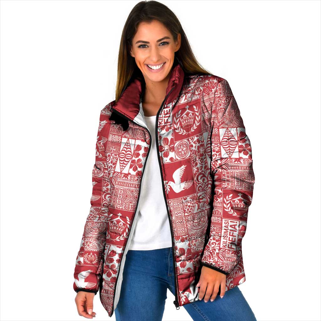 Red Tonga Kilisimasi Fiefia Padded Jacket Pacific Patchwork Xmas Vibes LT9 Women Red - Polynesian Pride