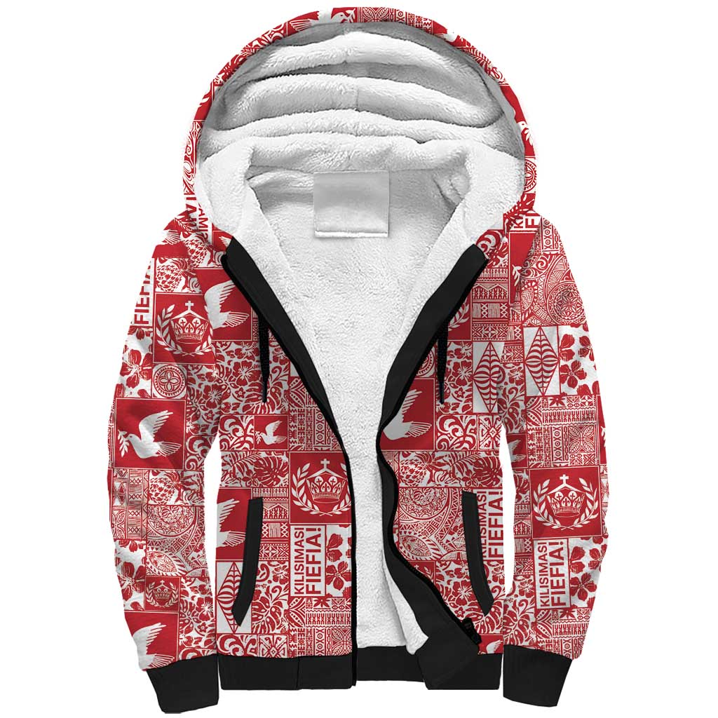 Red Tonga Kilisimasi Fiefia Sherpa Hoodie Pacific Patchwork Xmas Vibes LT9 Unisex Red - Polynesian Pride