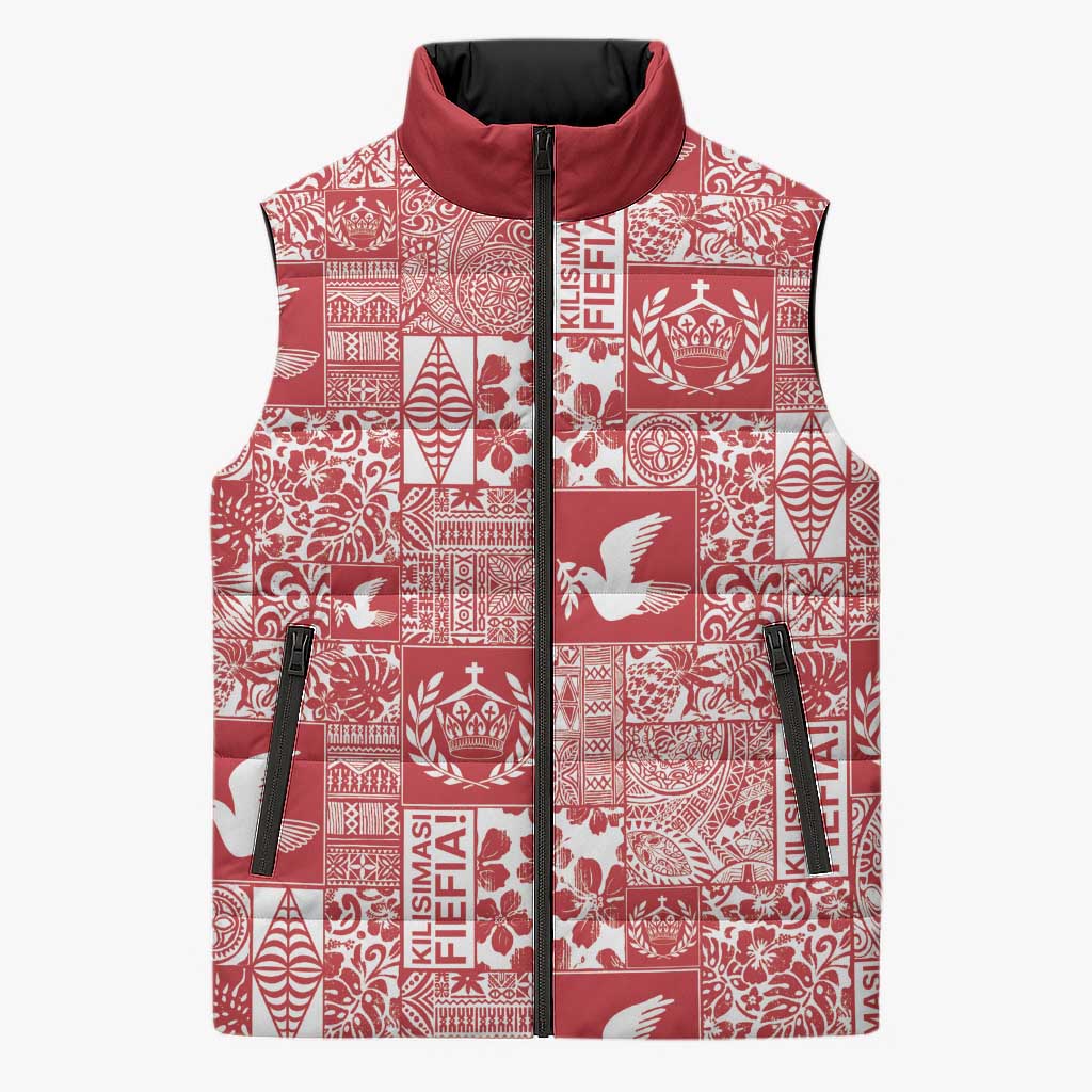 Red Tonga Kilisimasi Fiefia Sleeveless Puffer Jacket Pacific Patchwork Xmas Vibes LT9 Unisex Red - Polynesian Pride