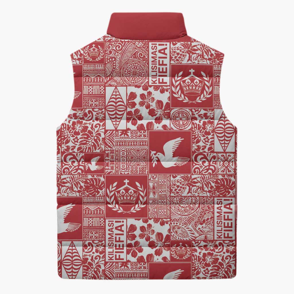 Red Tonga Kilisimasi Fiefia Sleeveless Puffer Jacket Pacific Patchwork Xmas Vibes LT9 - Polynesian Pride