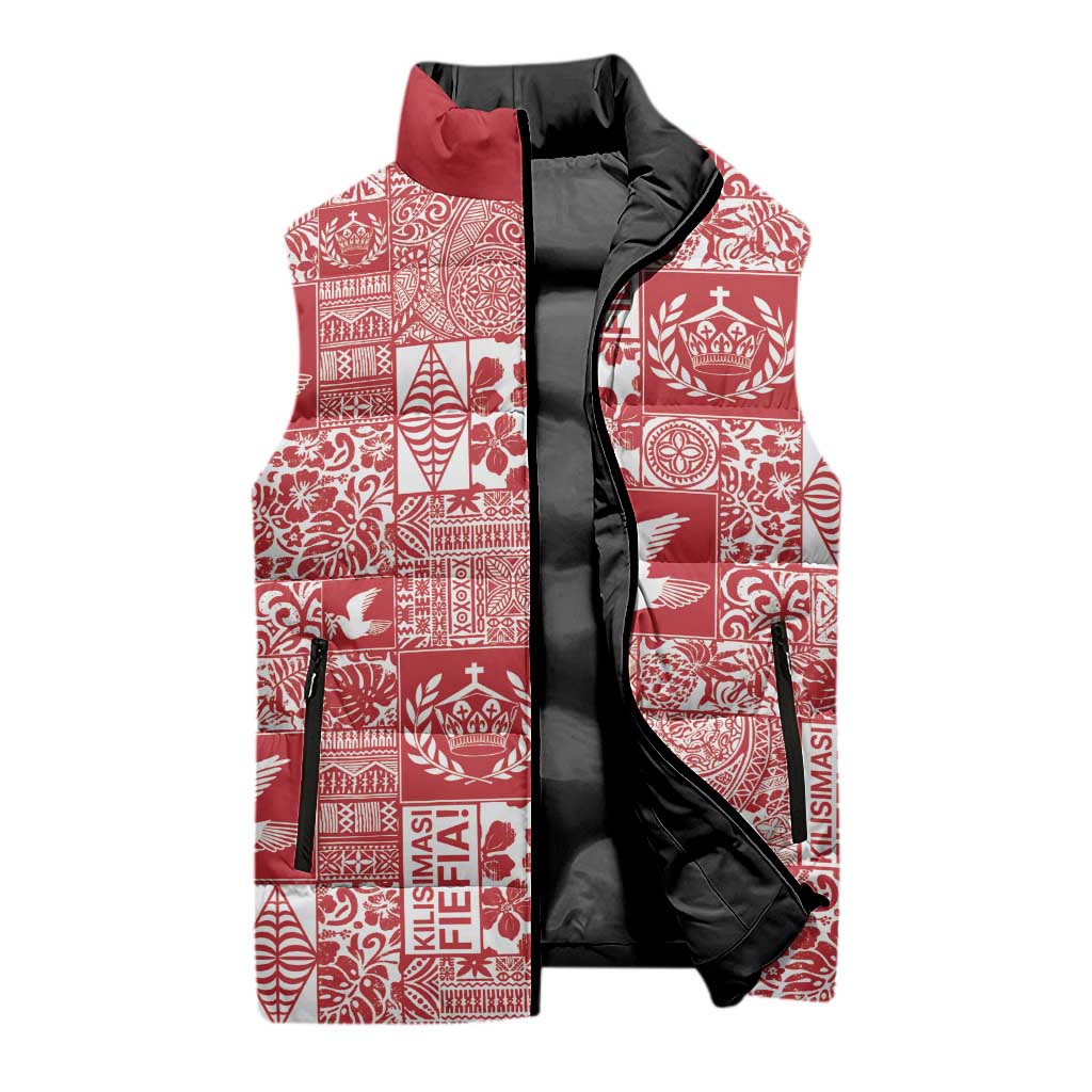Red Tonga Kilisimasi Fiefia Sleeveless Puffer Jacket Pacific Patchwork Xmas Vibes LT9 - Polynesian Pride