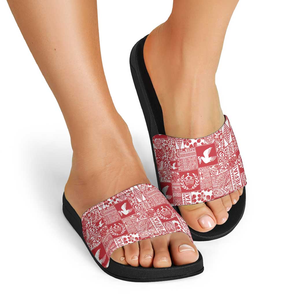 Red Tonga Kilisimasi Fiefia Slide Sandals Pacific Patchwork Xmas Vibes - Polynesian Pride