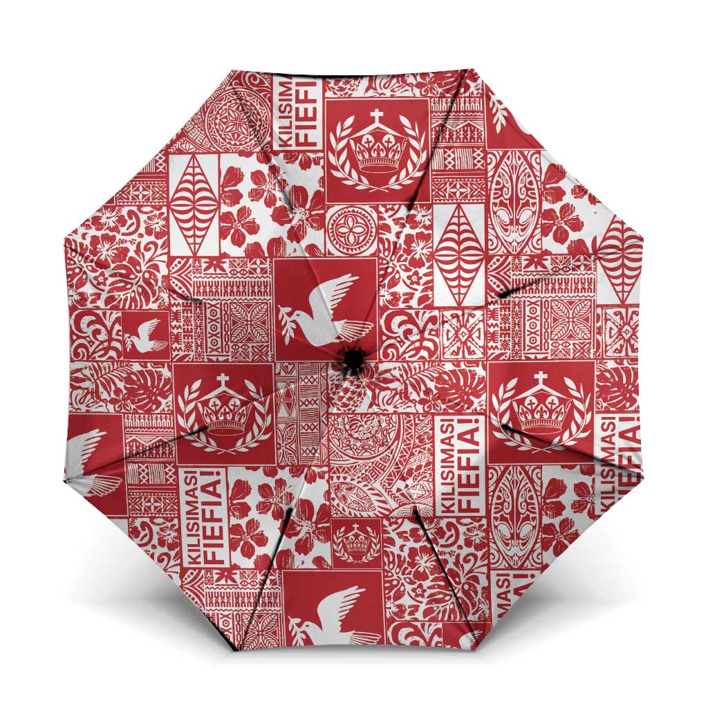 Red Tonga Kilisimasi Fiefia Umbrella Pacific Patchwork Xmas Vibes LT9 One Size Folded 11.42 inch Opened Diameter 37.4 inch Red - Polynesian Pride