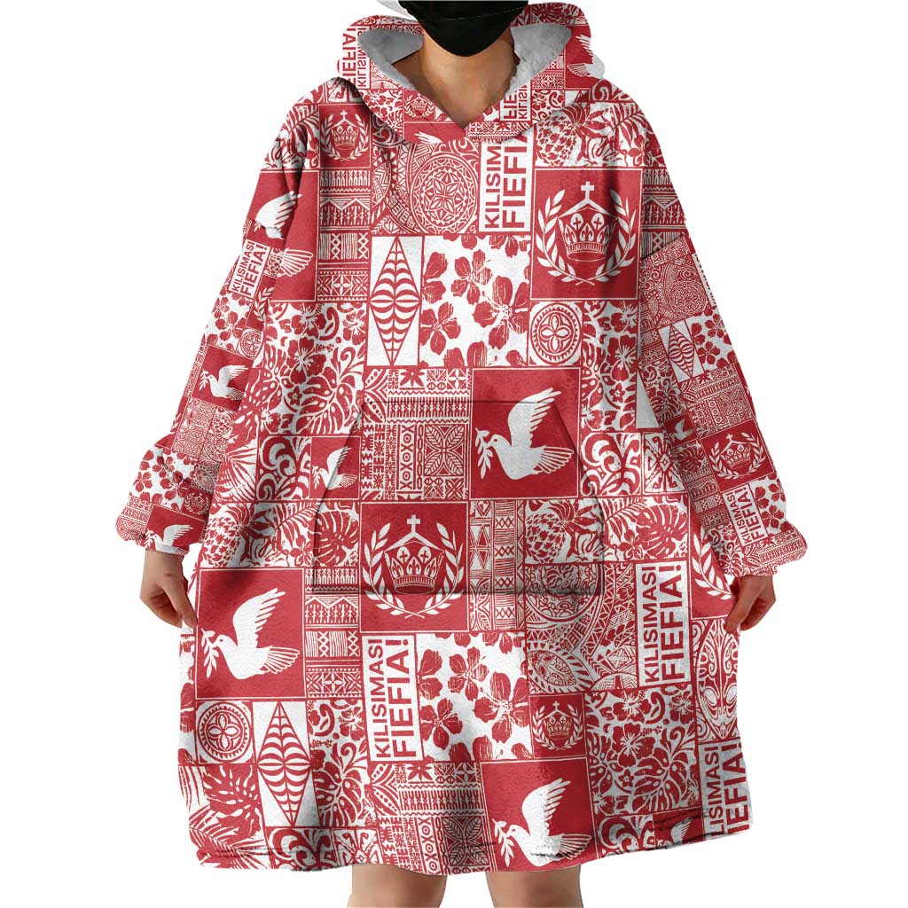 Red Tonga Kilisimasi Fiefia Wearable Blanket Hoodie Pacific Patchwork Xmas Vibes LT9 - Polynesian Pride