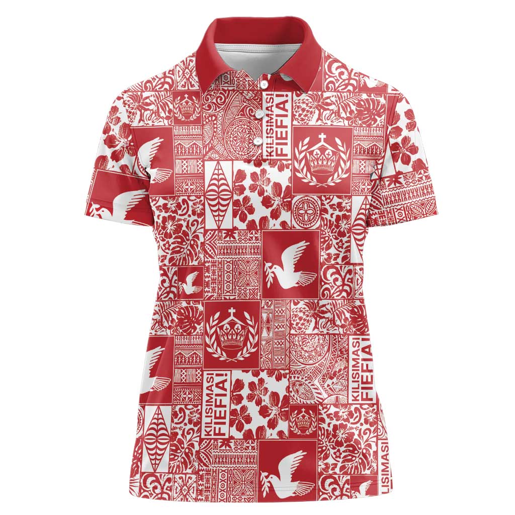 Red Tonga Kilisimasi Fiefia Women Polo Shirt Pacific Patchwork Xmas Vibes LT9 Female Red - Polynesian Pride