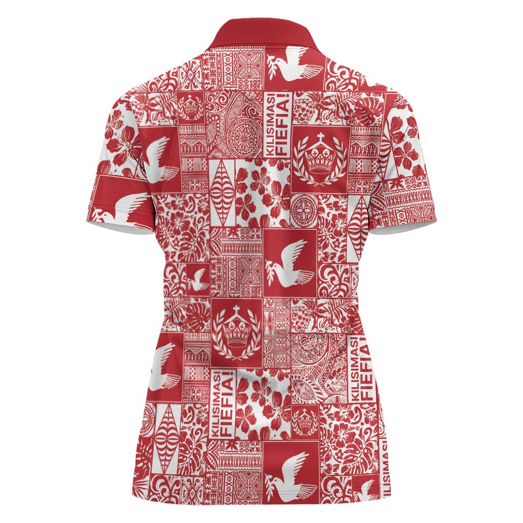 Red Tonga Kilisimasi Fiefia Women Polo Shirt Pacific Patchwork Xmas Vibes - Polynesian Pride