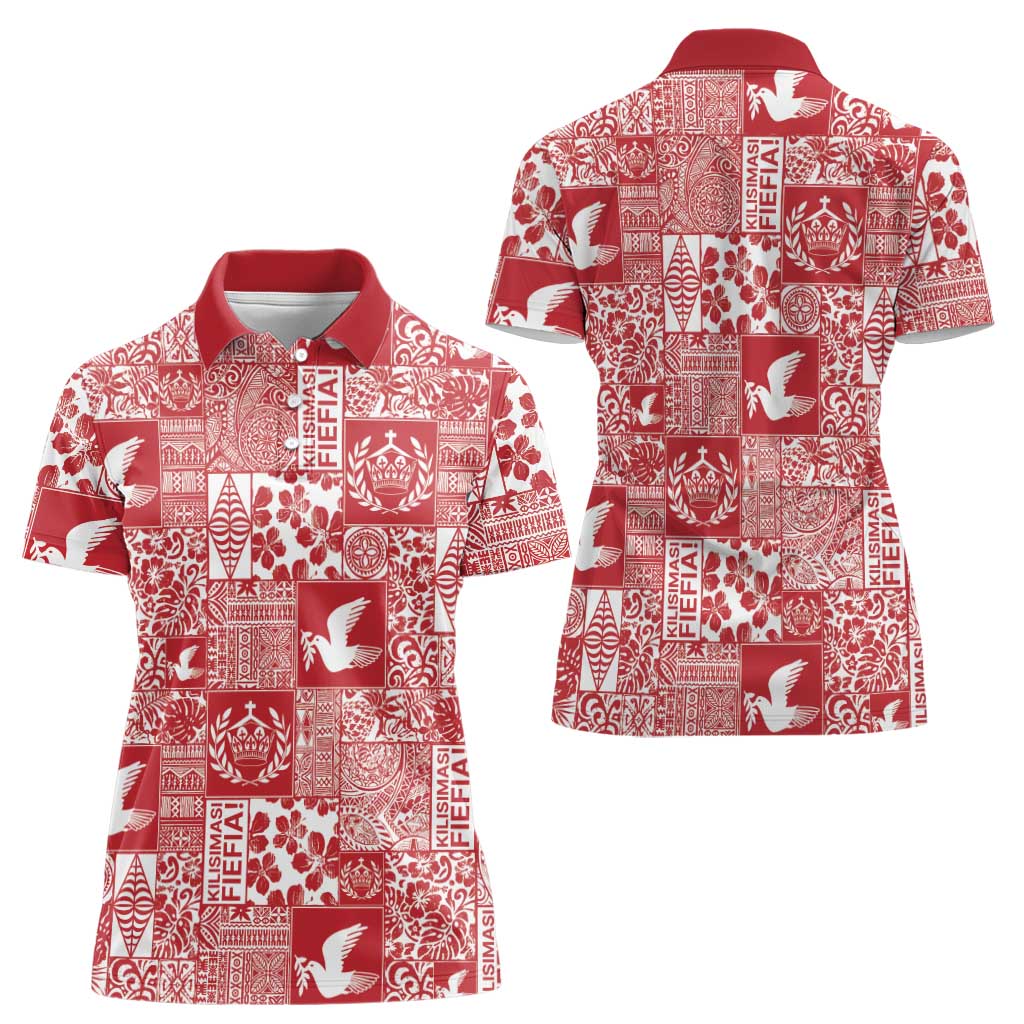 Red Tonga Kilisimasi Fiefia Women Polo Shirt Pacific Patchwork Xmas Vibes - Polynesian Pride