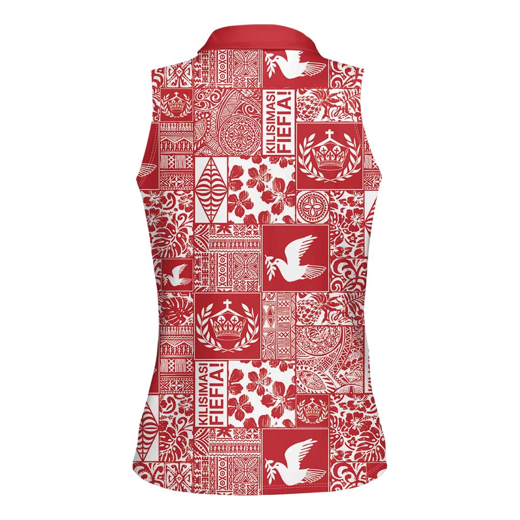 Red Tonga Kilisimasi Fiefia Women Sleeveless Polo Shirt Pacific Patchwork Xmas Vibes LT9 - Polynesian Pride