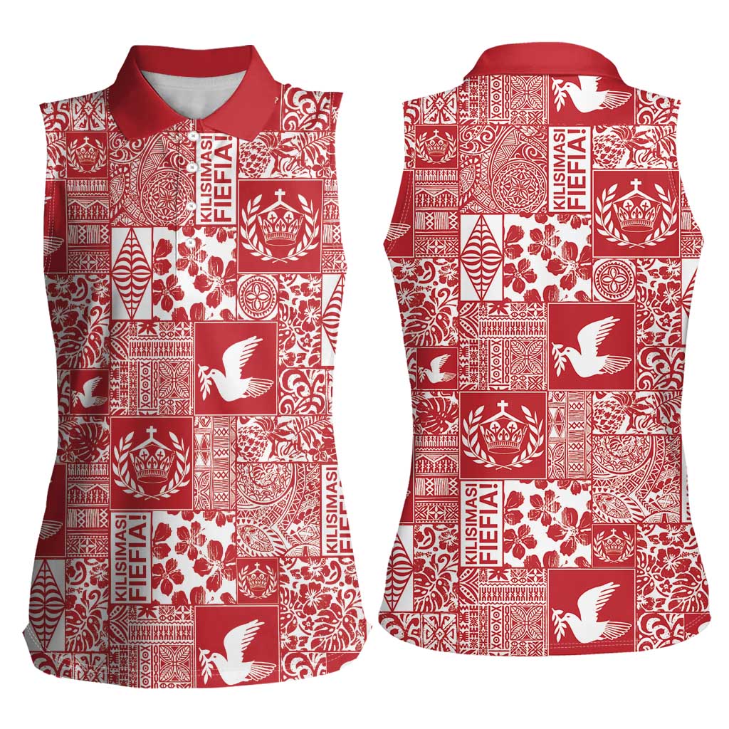 Red Tonga Kilisimasi Fiefia Women Sleeveless Polo Shirt Pacific Patchwork Xmas Vibes LT9 - Polynesian Pride