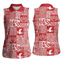 Red Tonga Kilisimasi Fiefia Women Sleeveless Polo Shirt Pacific Patchwork Xmas Vibes LT9 - Polynesian Pride