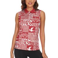 Red Tonga Kilisimasi Fiefia Women Sleeveless Polo Shirt Pacific Patchwork Xmas Vibes LT9 - Polynesian Pride