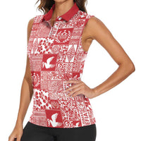 Red Tonga Kilisimasi Fiefia Women Sleeveless Polo Shirt Pacific Patchwork Xmas Vibes LT9 - Polynesian Pride