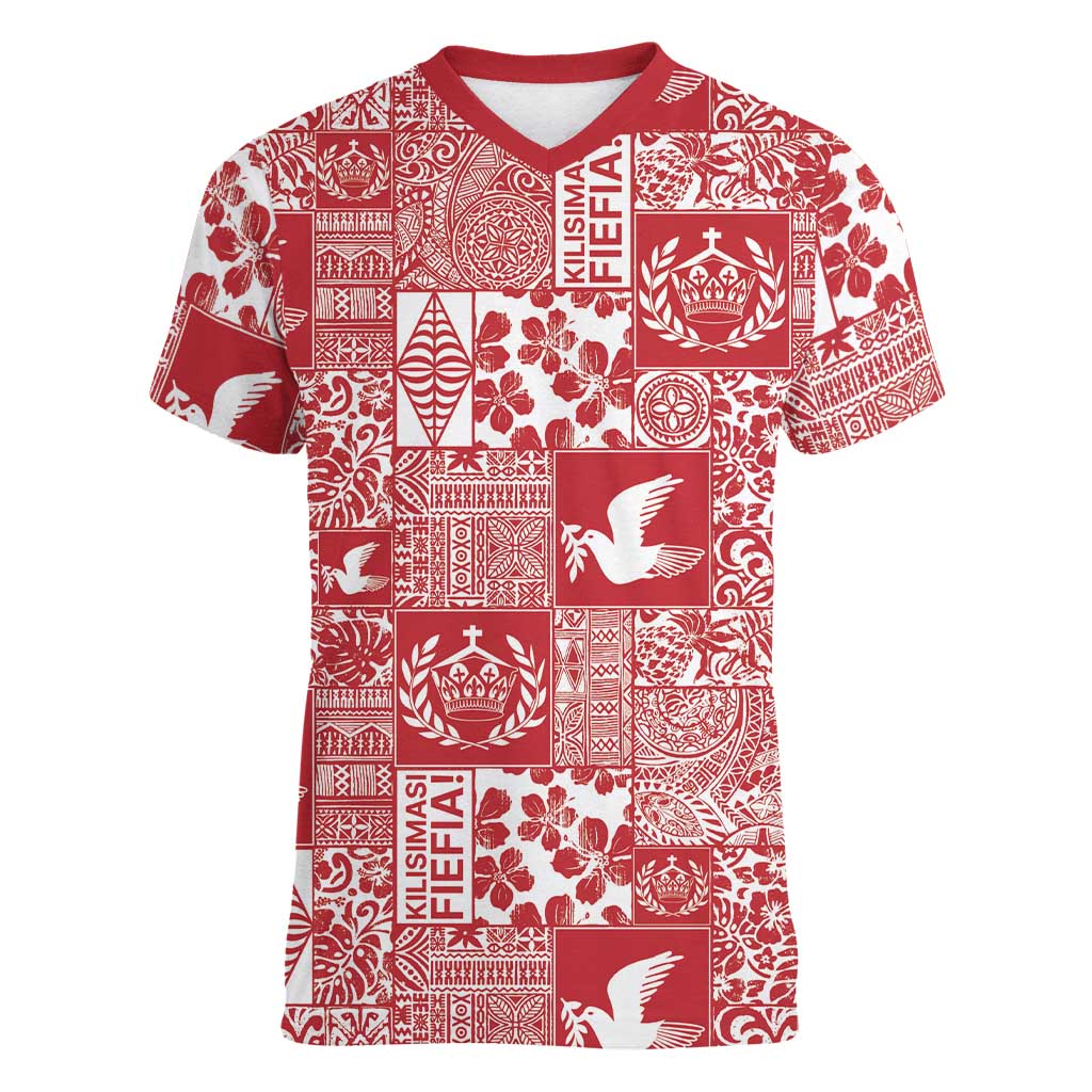 Red Tonga Kilisimasi Fiefia Women V-Neck T-Shirt Pacific Patchwork Xmas Vibes - Polynesian Pride