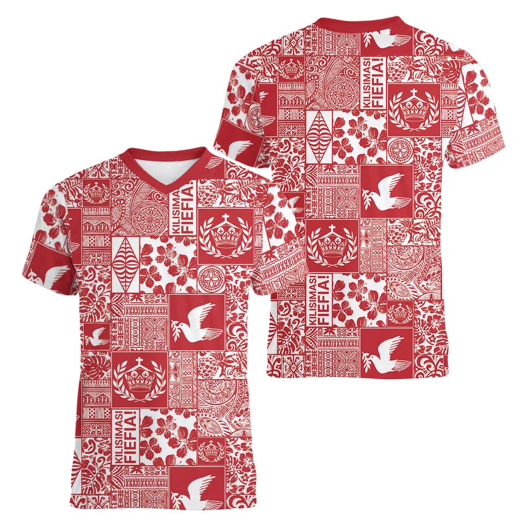 Red Tonga Kilisimasi Fiefia Women V-Neck T-Shirt Pacific Patchwork Xmas Vibes - Polynesian Pride