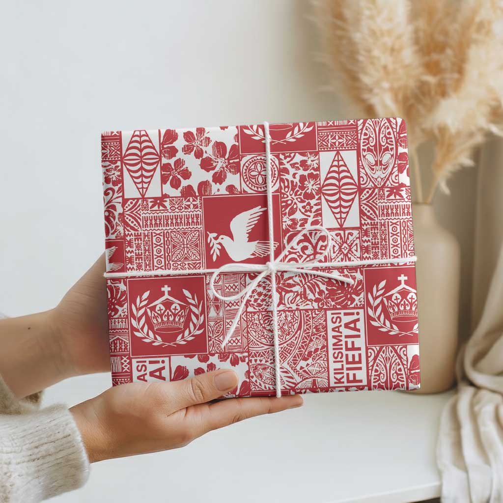 Red Tonga Kilisimasi Fiefia Wrapping Paper Pacific Patchwork Xmas Vibes - Polynesian Pride