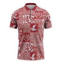 Red Tonga Kilisimasi Fiefia Zipper Polo Shirt Pacific Patchwork Xmas Vibes - Polynesian Pride