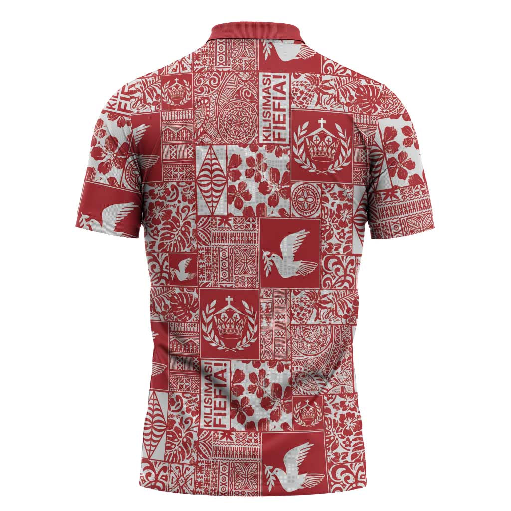 Red Tonga Kilisimasi Fiefia Zipper Polo Shirt Pacific Patchwork Xmas Vibes - Polynesian Pride