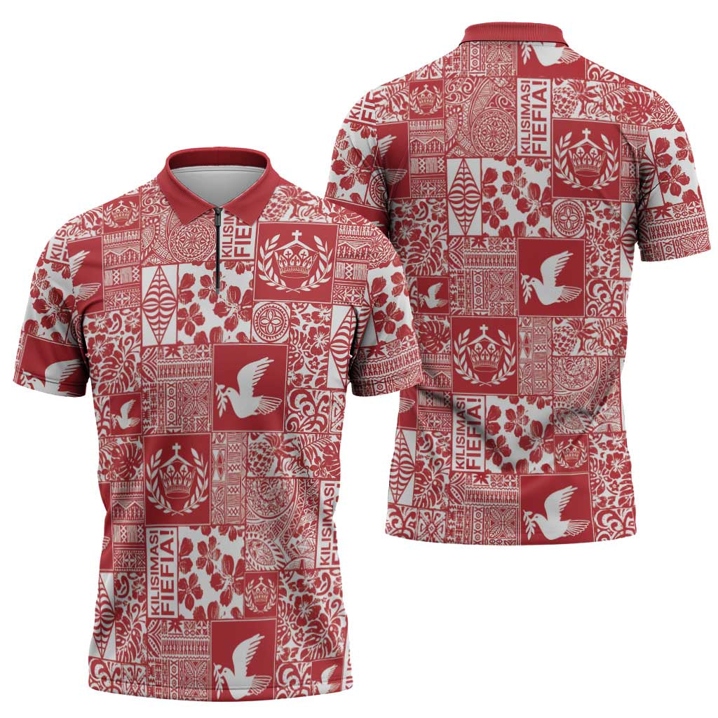 Red Tonga Kilisimasi Fiefia Zipper Polo Shirt Pacific Patchwork Xmas Vibes - Polynesian Pride