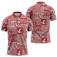 Red Tonga Kilisimasi Fiefia Zipper Polo Shirt Pacific Patchwork Xmas Vibes - Polynesian Pride