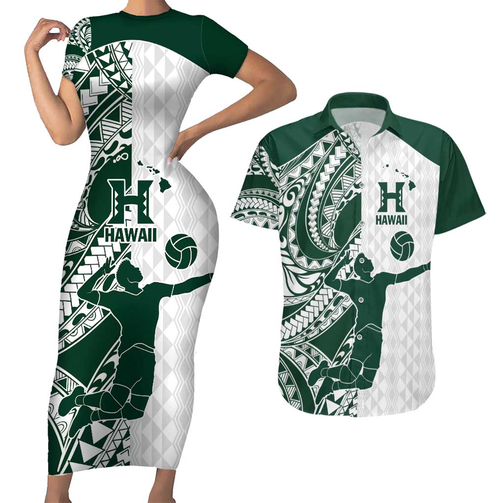 Polynesian Hawaii Volleyball Custom Couples Matching Short Sleeve Bodycon Dress and Hawaiian Shirt Kakau with Sport Style LT9 White - Polynesian Pride